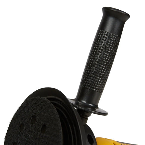Close-up of handle and sanding pad on the Rotary Sander With Variable Speed 0-3700 OPM 6 Amp Beefy Motor 5 Inch Sanding Pad Dust Shroud Vacuum Ready