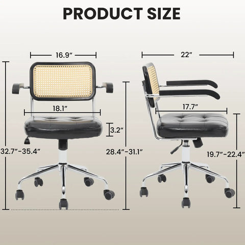 Product dimensions of 360 Degree Swivel Office Chair With Wheels, Tilting Rattan Desk Chair, Height Adjustable Armrests, PU Leather