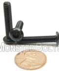 10 Pack 10-32 Button Head Socket Cap Screws, 1 Inch Length, Fine UNF Thread, Alloy Steel With Black Oxide Finish next to penny