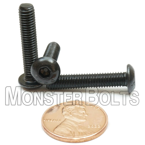 10 Pack 10-32 Button Head Socket Cap Screws, 1 Inch Length, Fine UNF Thread, Alloy Steel With Black Oxide Finish next to penny