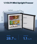 Compact Upright Freezer Delivering 1.1 Cu Ft Of Legit Cold Storage with various frozen foods inside, dimensions and weight displayed.