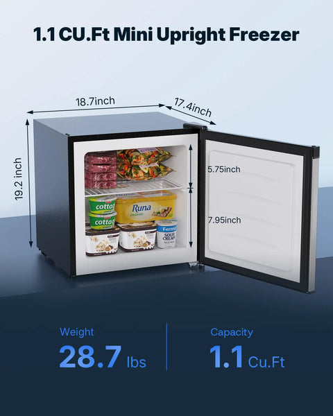 Compact Upright Freezer Delivering 1.1 Cu Ft Of Legit Cold Storage with various frozen foods inside, dimensions and weight displayed.