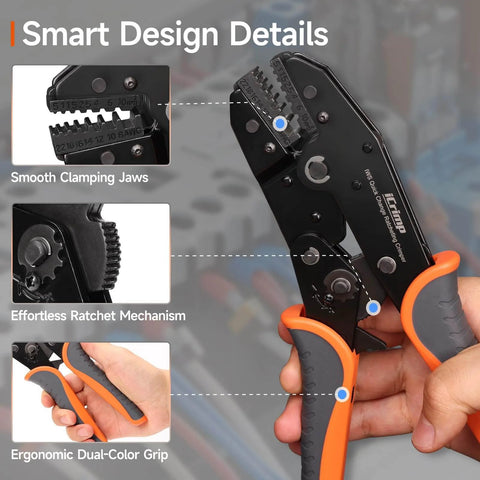 Ratcheting Crimping Tool Set Eight Piece With Quick Exchange Jaws for Heat Shrink Open Barrel Ferrules AWG 20 to 2