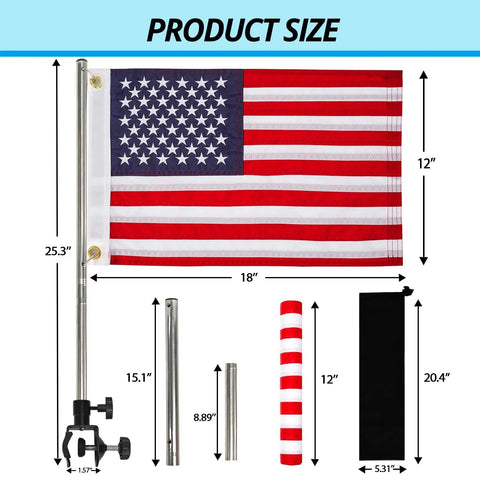 Boat Flag Pole Kit 12x18 Marine Grade Stainless Steel With Storage Bag Adjustable Flagpole Holder 50 Stars Embroidered American Flag for Boating Weatherproof Durability, showing product components and dimensions