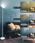 Super Bright Floor Lamp 30W 2400LM Sky LED Torchiere with 3 color temperatures showing warm, natural, and cold white light settings.