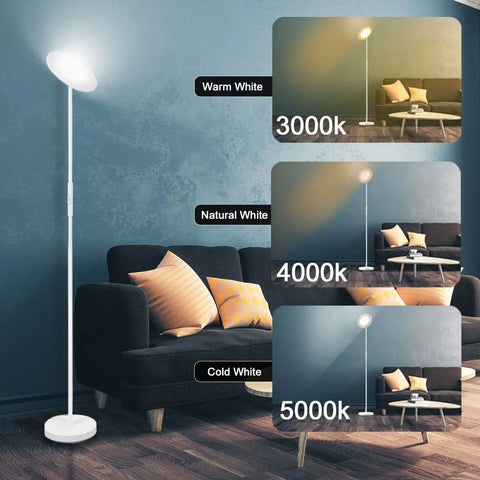 Super Bright Floor Lamp 30W 2400LM Sky LED Torchiere with 3 color temperatures showing warm, natural, and cold white light settings.