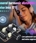 Compact 5W Per Channel 5W Plus 5W PAM8406 Stereo Audio Amplifier Board For 5V Supply with woman enjoying music on headphones