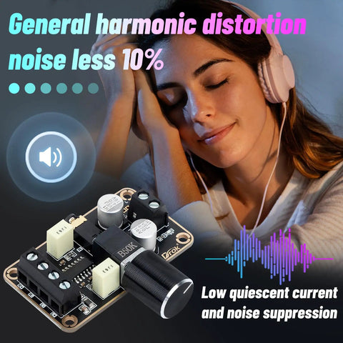 Compact 5W Per Channel 5W Plus 5W PAM8406 Stereo Audio Amplifier Board For 5V Supply with woman enjoying music on headphones