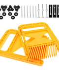 Top Notch Yellow Extended Featherboard Set Paired With Solid As Nails Circular Saw Safety Guard And Smooth Glide Miter Tracks For Any Crafty Woodworker Setup, showing yellow featherboard pieces and mounting hardware.