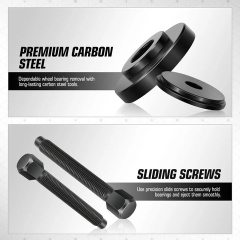 19 Piece Front Wheel Bearing Press Kit With Bearing Puller Tools showcasing durable carbon steel construction and sliding screws.