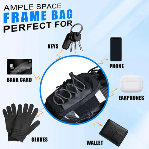 Non Slip Battery Cover Frame Bag For Electric Dirt Bikes 7.8 Inch Storage Pouch with items like keys and phone shown