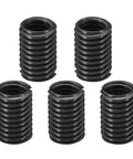 Five black carbon steel threaded repair inserts with external knurling; M8x1.25 to M10x1.5 reducer sleeve