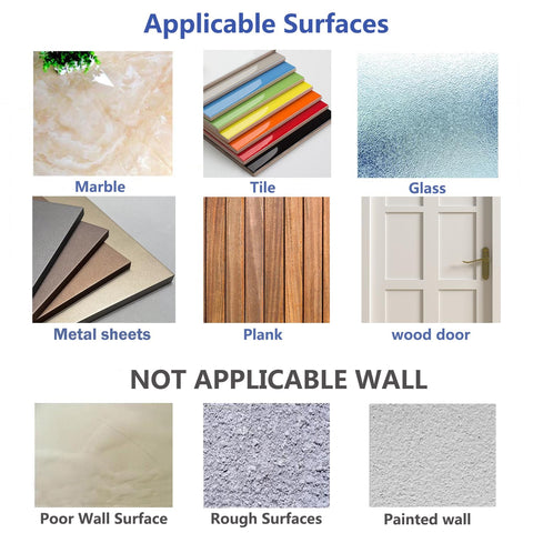 Applicable and non-applicable surfaces for Heavy Duty No Drill Adhesive Wall Hooks 13Lb Load, including marble, tile, glass, and more