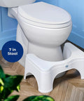 Toilet Stool 2.0 Base 7 Inch White for Natural Elimination placed in front of a toilet on tiled floor