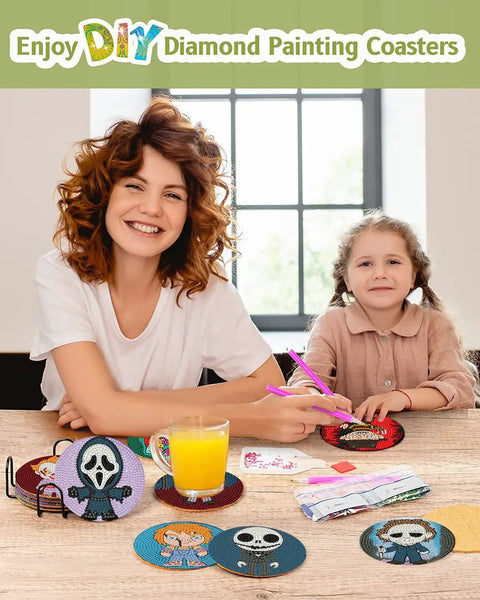 Mother and child using 8Pcs Diamond Painting Coasters With Holder For Diy Halloween Themed Coasters, colorful designs visible.