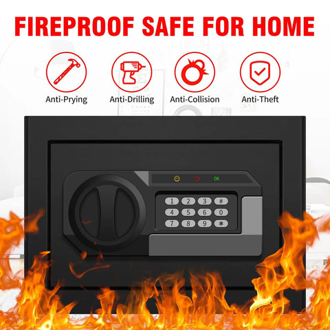 1.2 Cubic Feet Small Fire Safe Box For Home With Fireproof Build Digital Keypad Lock showcased with flames and anti-theft icons