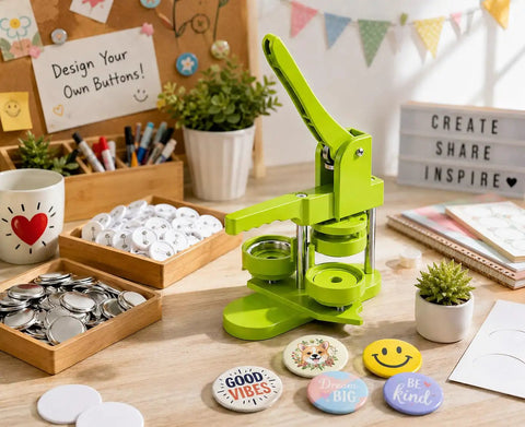 Chill And Craft With This Legit 58Mm Button Maker Machine For Diy Pin Badge Creation Includes A Full 100Pc Supply Set And Easy Circle Cutter For Making Dope Custom Buttons Daily, featuring vibrant green color.