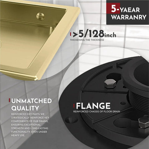 Close-up of 4 Inch Square Shower Drain With Slick Brushed Gold Finish, highlighting flange and reinforced construction with text overlay.
