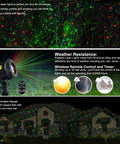Garden Laser Christmas Lights Projector With Moving Firefly Stars displaying red, green, blue effects on house exterior, remote included