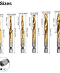 Six-Piece All in One Combination Drill and Tap Bit Set 1/8-40 BSW to 3/8-16 BSW High Speed Steel with 1/4 Inch Hex Shank