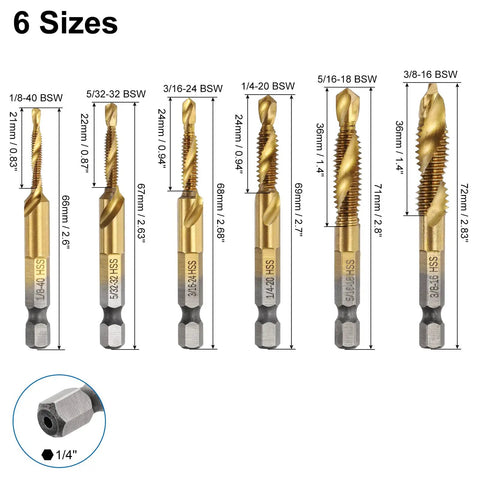 Six-Piece All in One Combination Drill and Tap Bit Set 1/8-40 BSW to 3/8-16 BSW High Speed Steel with 1/4 Inch Hex Shank