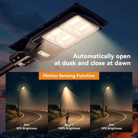 Ultra Bright Solar Street Lights Outdoor 180 LED Chips with Motion Sensor and Dusk to Dawn functionality shown in use.