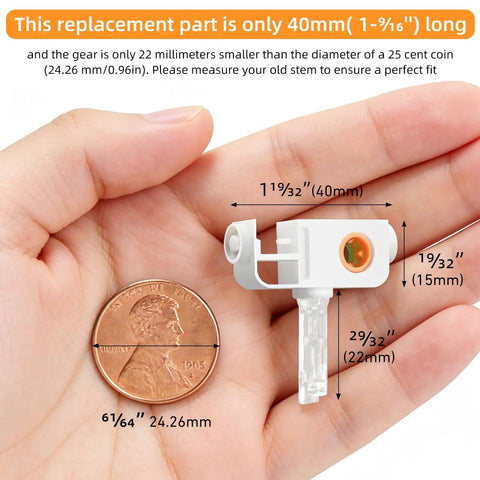 Close-up of hand holding small gear and stem, next to penny, for 20 Pack Replacement Stems And Gears For Standard Vertical Blinds.