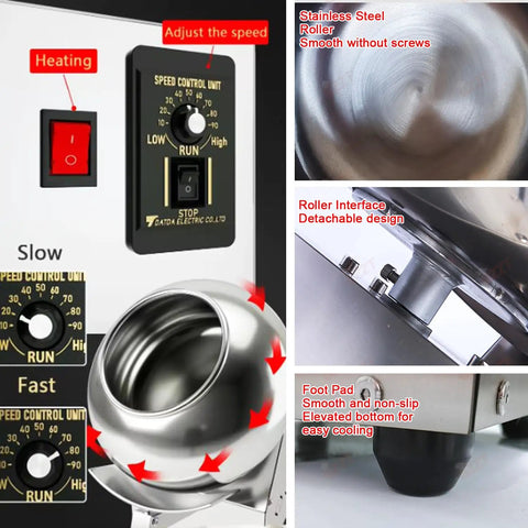 Commercial Sugar Coater Machine Electric Candy Polisher With Multiple Speed Knobs And Built In Dryer Box For Smooth Batch Runs And Zero Sweat Production control panel detailing speed settings and heating features.