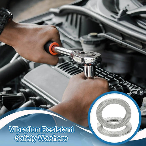 20 Pack M8 Wedge Locking Washers, Heavy Duty Manganese Steel Safety Hardware For Bolts And Screws, Engineered With Drop Dead Tight Grip That Simply Stays Put Against Vibration On Rough Job Sites Or Weekend Home Renovation Projects - hands using a wrench near an engine.