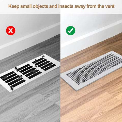 Comparison of regular vent with insects vs. Baby Safe Silicone Floor Vent Covers For 4x10 Vents Soft Flexible Mesh on wooden floor.