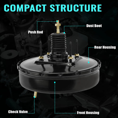 Straight Shooter Vacuum Power Brake Booster Fits Jeep Wrangler Liberty Dodge Nitro 2007 Through 2012 compact structure with key components labeled.