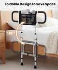 Foldable Bed Rail For Seniors With Adjustable Width And Height shown folded beside a bed, carrying bag and safety handles visible.