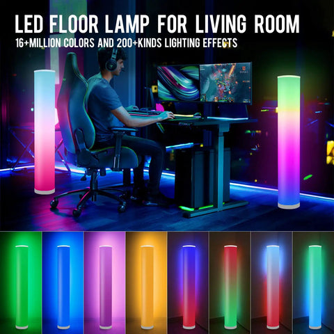 Two Pack RGB Floor Lamps With Music Sync App Control And Time Settings Dimmable Color Changing Standing Lamps in gaming setup