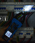 Person using Pro Grade Inrush Clamp Meter Multimeter 1000A True RMS 6000 Counts AC DC Current And Voltage Tester With VFD LOZ Mode NCV.