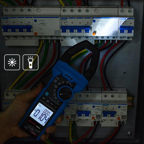 Person using Pro Grade Inrush Clamp Meter Multimeter 1000A True RMS 6000 Counts AC DC Current And Voltage Tester With VFD LOZ Mode NCV.