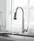 High Arc Kitchen Faucet With Pull Down Sprayer Single Handle Sink Faucet In Brushed Nickel 4 Mode Sprayer next to a window