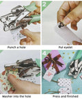 All In One Grommet Tool Kit With Eyelet Punch Plier And Case in use, showing each step from punching to finished craft projects