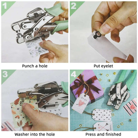 All In One Grommet Tool Kit With Eyelet Punch Plier And Case in use, showing each step from punching to finished craft projects