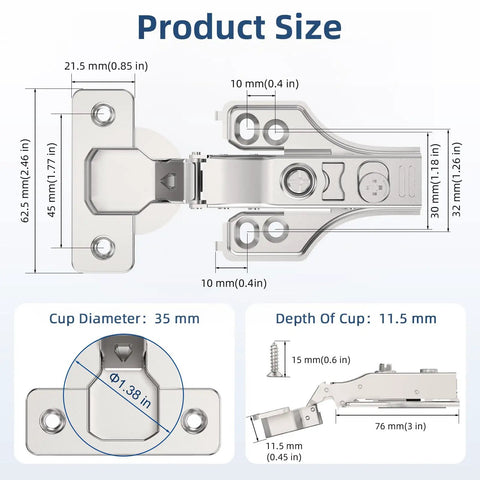 20 Pack Full Overlay Cabinet Hinges Soft Close Concealed Clip On Plate 3D Adjustable Satin Nickel dimensions and measurements.