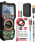 Magnetic 20000 Count TRMS Digital Multimeter With Auto Ranging, probes, and accessories, displayed with carrying case and batteries.