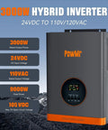 3000W hybrid inverter with 24VDC to 110VAC conversion displayed on a digital screen with specs highlighted
