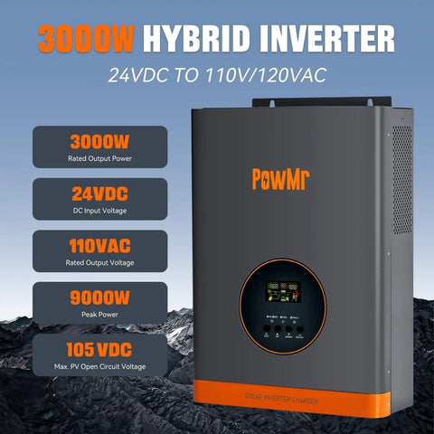 3000W hybrid inverter with 24VDC to 110VAC conversion displayed on a digital screen with specs highlighted