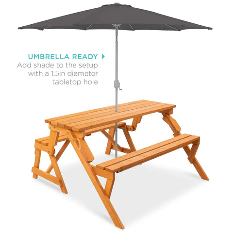 2-In-1 Transforming Outdoor Picnic Table And Garden Bench, Wooden Patio Furniture With Umbrella Hole, in natural finish.