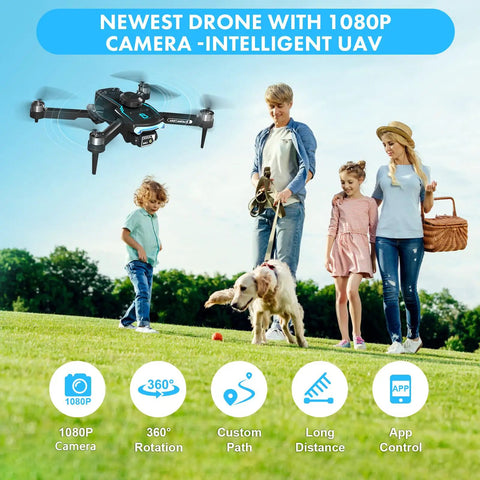 Family playing with 1080P HD Dual Camera Drone With Obstacle Avoidance Foldable RC Quadcopter and dog in the park.