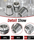 ER32 Collet Set 25Pcs For CNC Milling Lathe Engraving Tool Kit with 0.008mm runout and 1/16-13/16 inch gripping range displayed