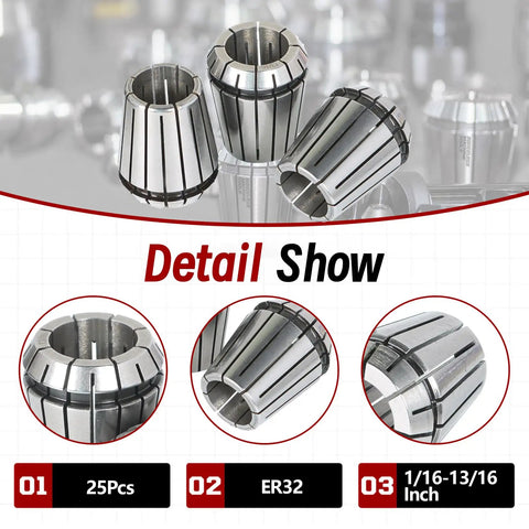 ER32 Collet Set 25Pcs For CNC Milling Lathe Engraving Tool Kit with 0.008mm runout and 1/16-13/16 inch gripping range displayed