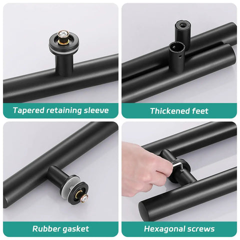 Matte Black Door Pull Handle Set For Glass And Wood Doors, 18 Inch, Double-Sided H-Type Grip With Smooth Round Tubes, Easy Push Or Pull, Perfect For Sliding Barn Doors, Shower Doors, Pantry Doors, Closets And Office Doors. close-up of black handle parts and hex screws