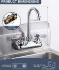 Real Deal Commercial Wall Mount Kitchen Faucet Featuring A Smooth 360 Degree Swivel Gooseneck Spout With Stainless Steel Finish For Restaurant Crews And No Fuss Heavy Duty Sink Cleanup, with dimensions shown.