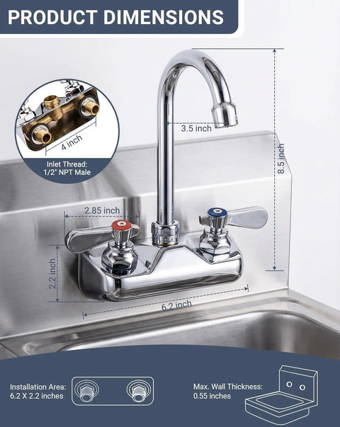 Real Deal Commercial Wall Mount Kitchen Faucet Featuring A Smooth 360 Degree Swivel Gooseneck Spout With Stainless Steel Finish For Restaurant Crews And No Fuss Heavy Duty Sink Cleanup, with dimensions shown.