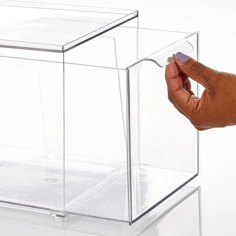 Hand pulling out clear drawer of Stackable Closet Storage Bins With Pull Out Drawers Clear Plastic Shoes And Small Item Organizer For Cabinets Desks Shelves And Dressers Lumiere Collection Space Saver 2 Pack